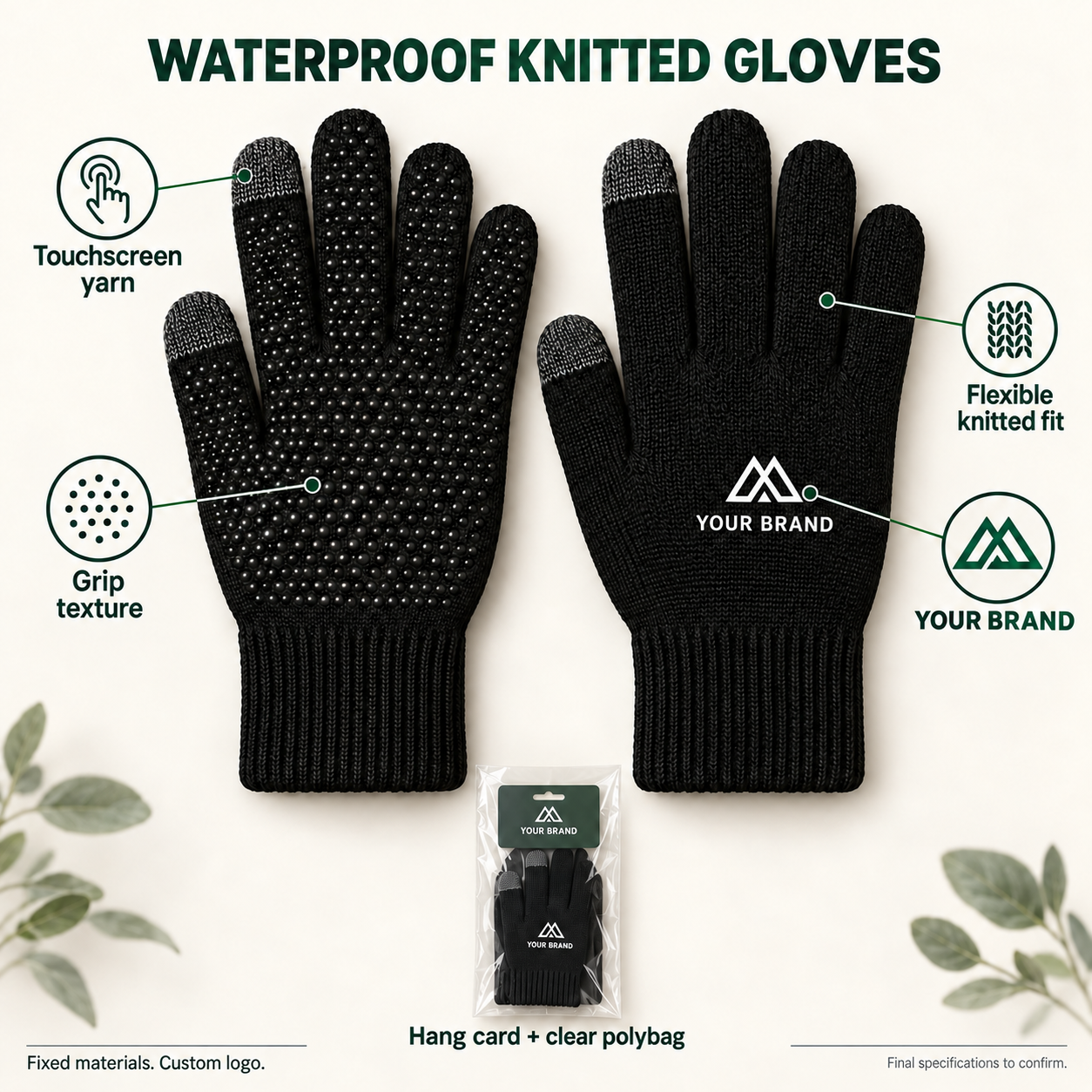 Waterproof gloves · Features & packaging